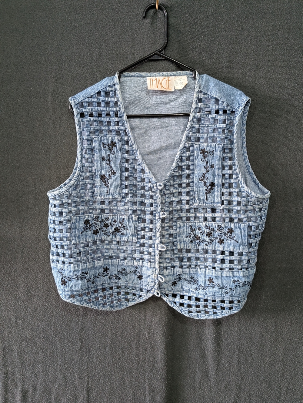 Vintage Floral Embroidered Denim Vest - Women's Size 18